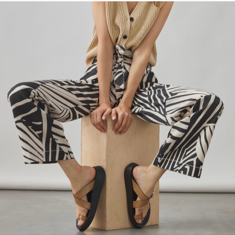 Anthropologie Wide Leg High Rise Belted Trouser Pants Black Cream Print 4 27 - Picture 3 of 7